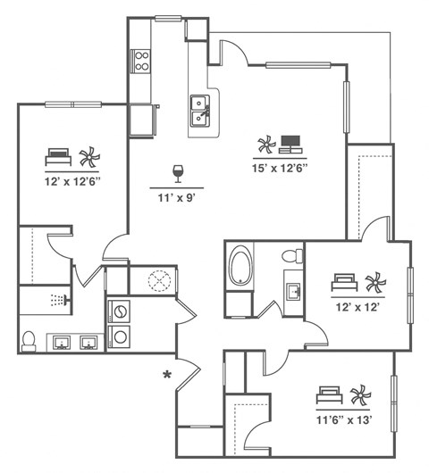Floor plan for 3 beds, 2 baths, 1535 sqft
